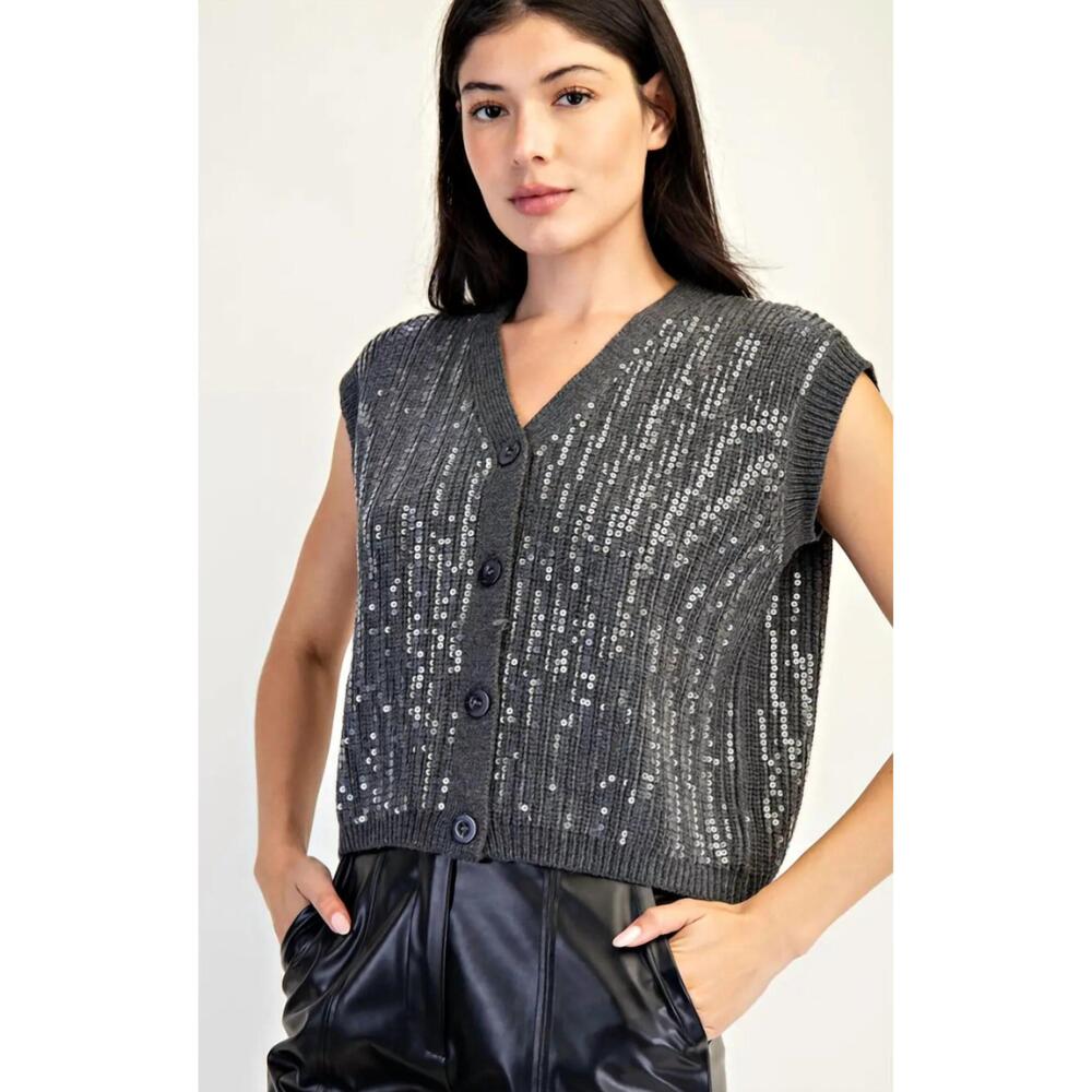 NEW MINT EXCLUSIVES samaira sequin button down sweater in charcoal